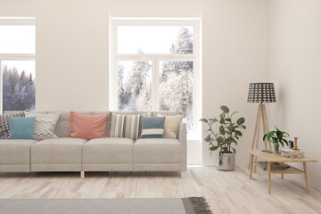 White living room with sofa and winter landscape in window. Scandinavian interior design. 3D illustration