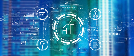 Business growth analysis with downtown skyline buildings