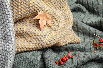 Fototapeta na wymiar Dry leaf and red berries on pile of knitted plaids, closeup