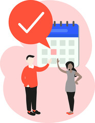 Deadline concept art. Business people working together, finish work on time. Calendar with check mark. Positive business vector illustration.