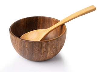 Brown wooden bowl with spoon isolate on white background with clipping path.