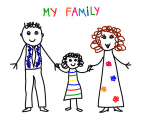 Happy family on a white background. Children's drawing. Illustration. 