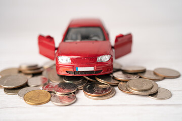 Car on coins background : Car loan, Finance, saving money, insurance and leasing time concepts.