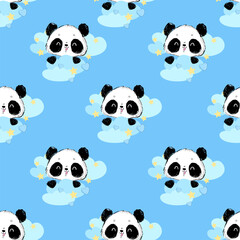 Fototapeta premium Hand drawn Cute panda background pattern seamless. Clouds with stars. Childish design print for pajamas. Vector.