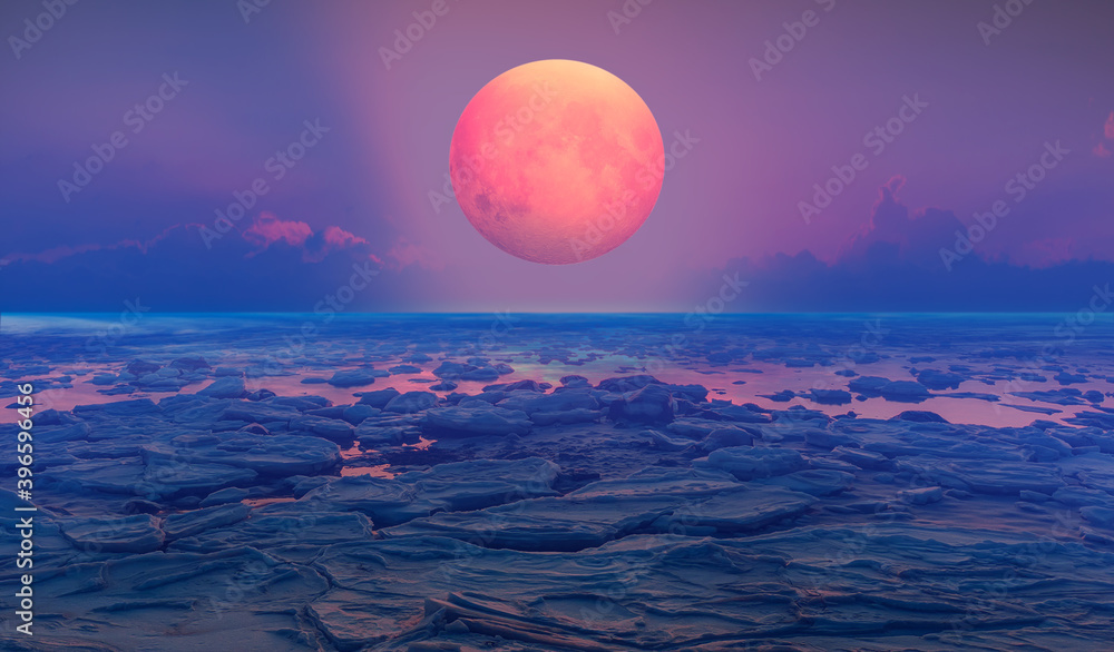 Poster Lunar eclipse with Ice on the ocean shore 