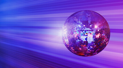 Perspective background of Party disco mirror ball reflecting colorful  lights 