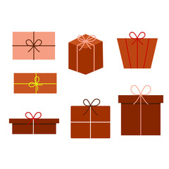 Set of bright holiday gifts on a white isolated background in flat design, cartoon. Gift boxes for decoration of postcards, holiday, decoration