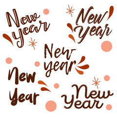 Set of New Year lettering in the style of lettering on a white isolated background in warm terracotta colors.