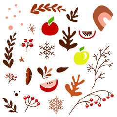 A set of elements for creating a design in the New Year's style on a white isolated background. Natural elements, icons in flat design.