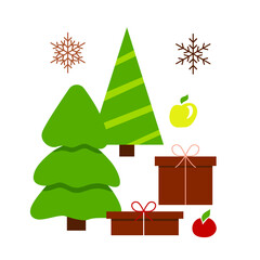New Year's set of trees, gift boxes, snowflakes, apples on a white isolated background in flat design.