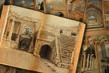 Old open book. Image of ruins and columns in ancient Roman city. Bet She'an National Park, Israel. Old paper textured pages. Vintage cards with architecture Israel landmarks as a background
