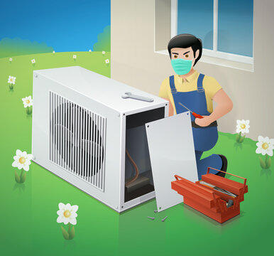 Repair Of A Broken Down Heat Pump By A Repairman With A Surgical Mask