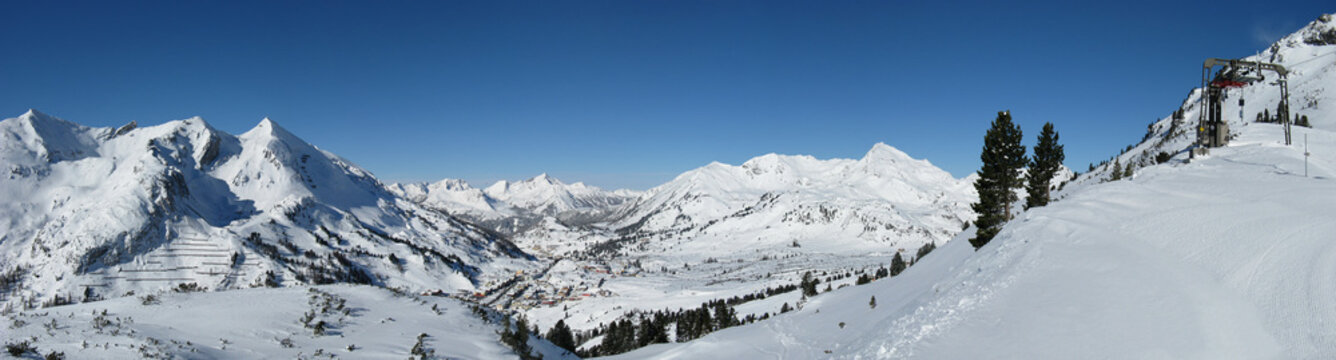 Winter panoramic shot of alpine mountain ski resort. Area Salzburg, Lungau, Obertauern, Austria.
