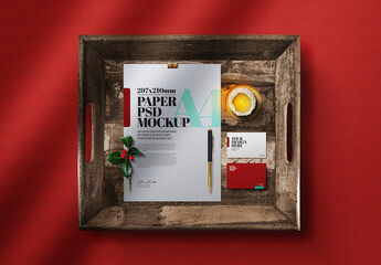 Christmas Stationery Mockup with Rustic Wooden Tray