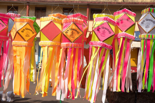 Goa/ India 09 November 2020 Bright colorful lanterns  hanging for sale in diwali Festival which are used to decorate home ahead of Diwali at a Mapusa market in Goa