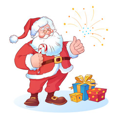 Vector Santa Claus with candy cane, gifts and confetti. Illustration on white background. 