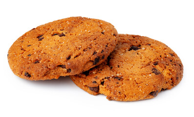 Two chocolate chip cookies isolated on white background
