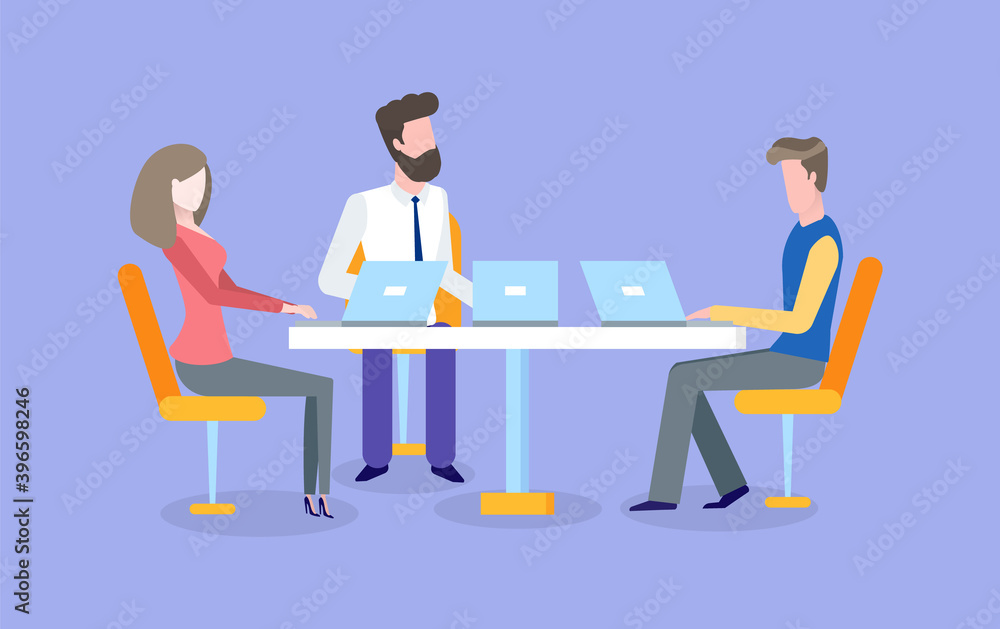 Aufkleber meeting of workers vector, people discussing business problems and finding solutions. boss employer 