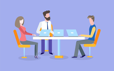 Meeting of workers vector, people discussing business problems and finding solutions. Boss employer and employees with laptops brainstorming at work