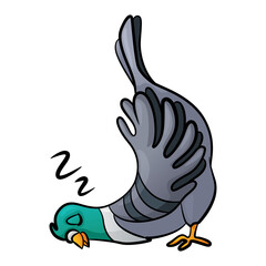Cartoon funny sleeping pigeon. Vector comic bird illustration. Colorful dove isolated on white.