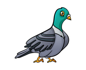 Cartoon funny pigeon. Vector comic bird illustration. Colorful dove isolated on white.