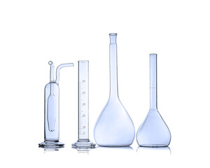 Laboratory glassware isolated over white background. Scientific equipment. Flasks for science experiment in laboratory
