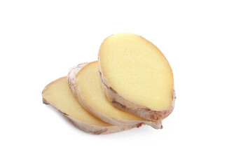 Slices of fresh ginger isolated on white