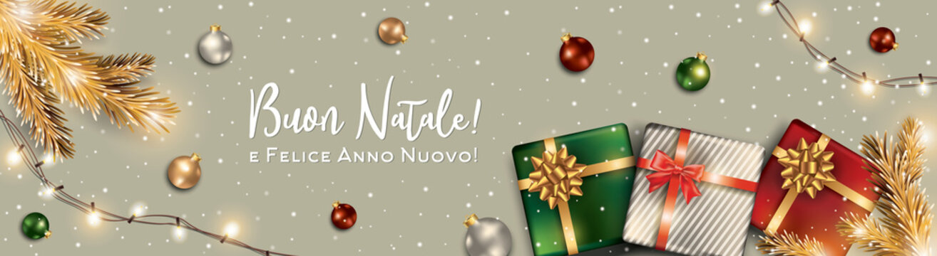 Buon Natale. Italian Christmas and Happy New Year Banner. Xmas decorations in Italy flag colors with elegant Greeting text of winter Holidays