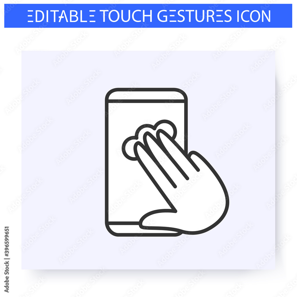 Poster three fingers tap hand gesture line icon. drag. multitouch gestures for smartphone use. touchscreen 