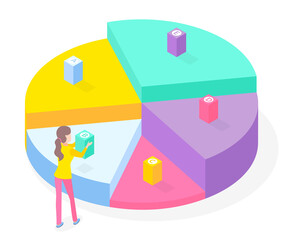 3d pie diagram, pie chart. Isometric infographics. Financial strategy. Visual presentation. Analysis info, statistic. Digital marketing. Sliced diagram. Woman analysing variant b. Infochart isolated