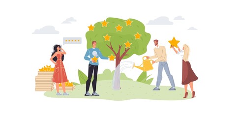 Cartoon flat characters grows and harvesting rating stars - social media,communication,creative concept for web online,site design