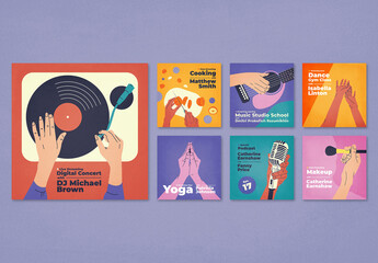 Live Streaming Content and Podcast Cover Layout with Retro Illustrations