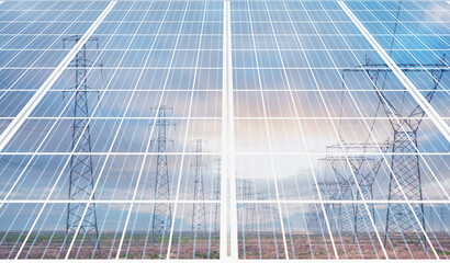 Solar energy panels with High voltage power lines with amazing sunset - Clean energy concept