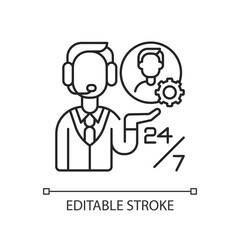 Customer support linear icon. Call center, telemarketing business. Consultation services thin line customizable illustration. Contour symbol. Vector isolated outline drawing. Editable stroke