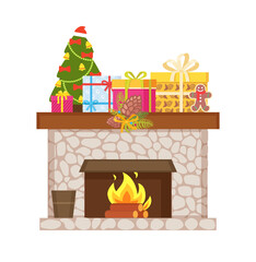 Fototapeta premium Fireplace made of stone, topped by wrapped presents and gift boxes, vector Christmas home decoration. Mantelpiece with burning fire and logs in flame, isolated
