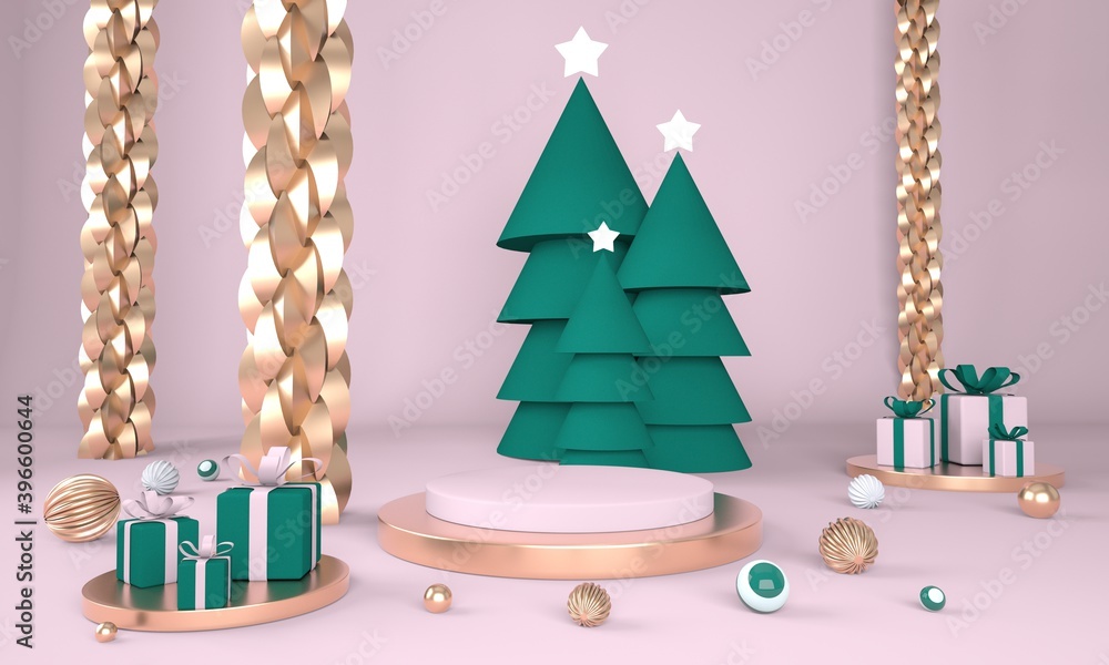 Aufkleber christmas background with christmas tree and stage for product display. 3d rendering.
