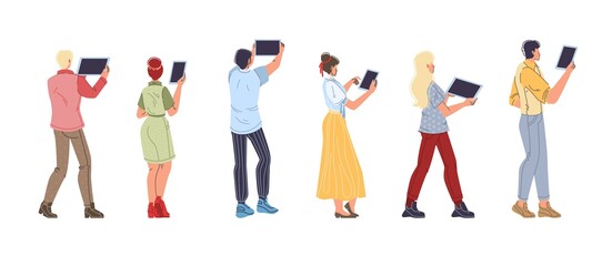 Set of cartoon flat characters using mobile gadgets,phones and tablets-various poses, emotions,communication,internet surfing concept