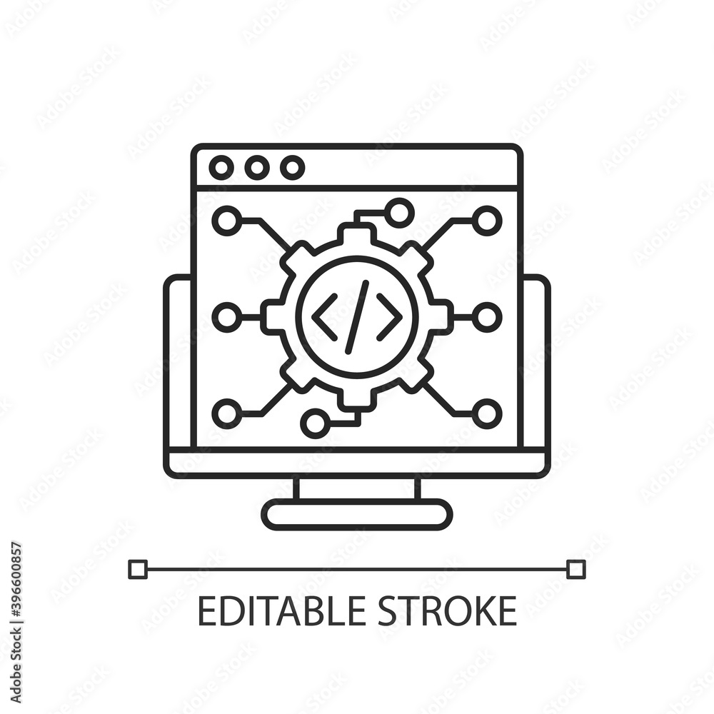 Poster it industry linear icon. modern information technologies. computer software development business thi