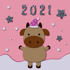 Happy New Year pretty card. Cute festive bull with glitter,  stars and pink background.  Symbol 2021 year ox. 