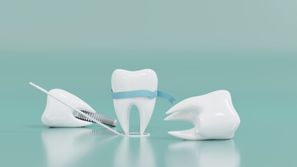 Health care dental and dentist dentistry background. Oral hygiene with teeth and dental implant on green background. Dental implantation concept. 3d render.
