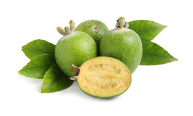 Whole and cut feijoa fruits on white background