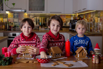 Children, boys, decorating home made ginger bread houses at home with mom helping