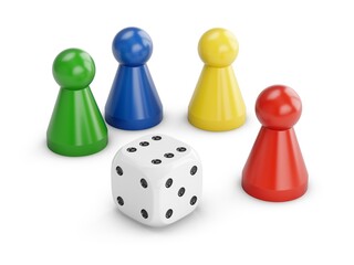 3D Rendering Game figures and one dice isolated on white background