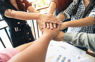Hands together collaborate teamwork in meeting office. Business Finance Network group people. mergers and acquisitions for start greeting with good etiquette negotiation to work success 