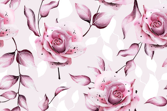 Seamless Pattern With Pink Watercolor Roses.