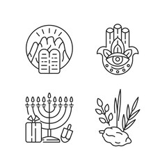 Judaism beliefs linear icons set. Stone Tablets. Hamsa Hand. Nine-branched menorah. Four species. Customizable thin line contour symbols. Isolated vector outline illustrations. Editable stroke