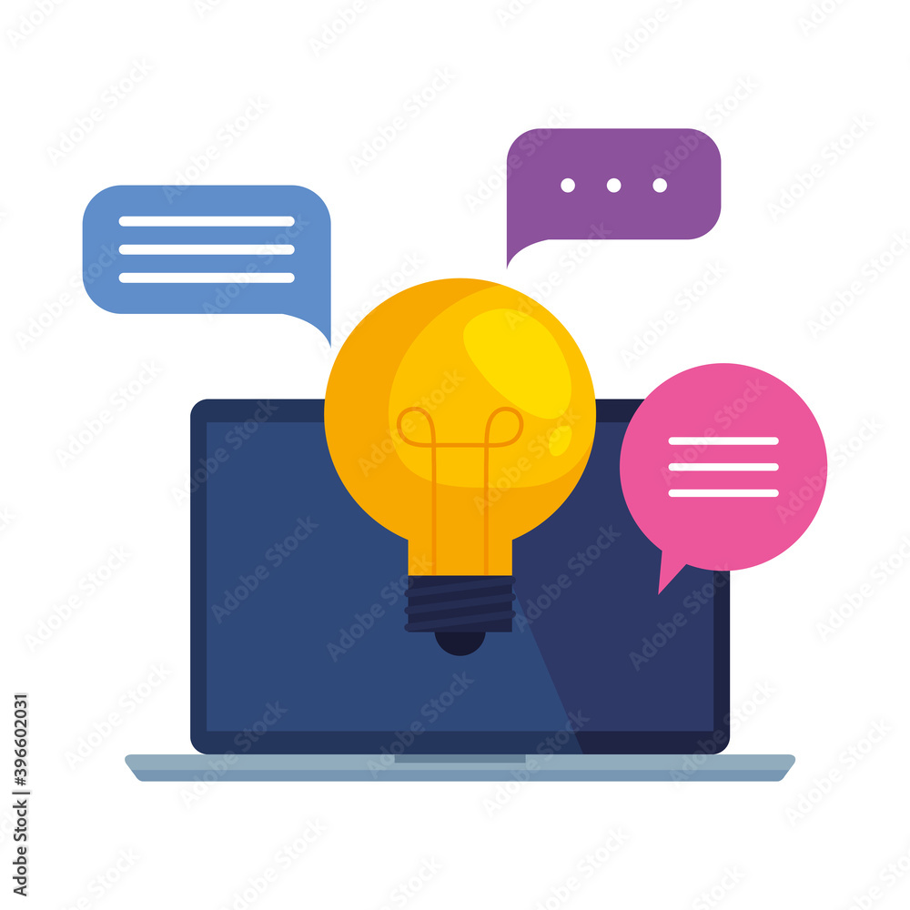 Poster laptop computer portable with speech bubbles and bulb vector illustration design