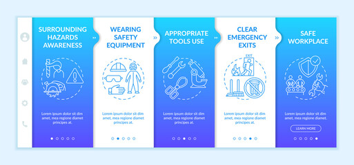 Workplace safety elements onboarding vector template. Wearing safety equipment. Appropriate tools use. Responsive mobile website with icons. Webpage walkthrough step screens. RGB color concept