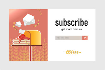 Email subscription design for bakery shop. Online newsletter template with delicious pancakes in mailbox. Pastry and confectionery concept. Design for website illustration