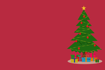 Christmas card template with a red background. Merry christmas. Christmas tree with presents on a red background.